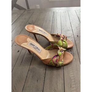 Jimmy Choo leather + satin woven low stiletto kitten heel sandals mules multi 37